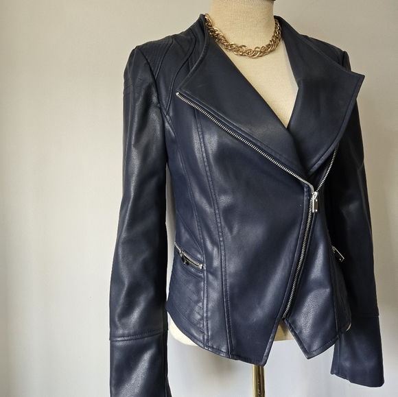 WILLI SMITH Navy Faux Leather Fitted Moto Jacket. Size Small - Picture 2 of 16